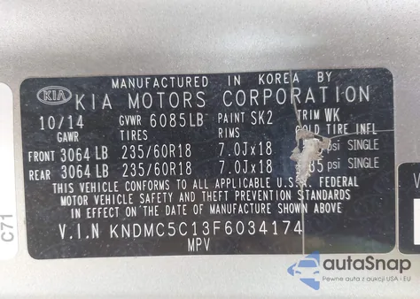 2015 Kia Sedona Ex z USA, uszkodzony, nr VIN KNDMC5C13F6034174